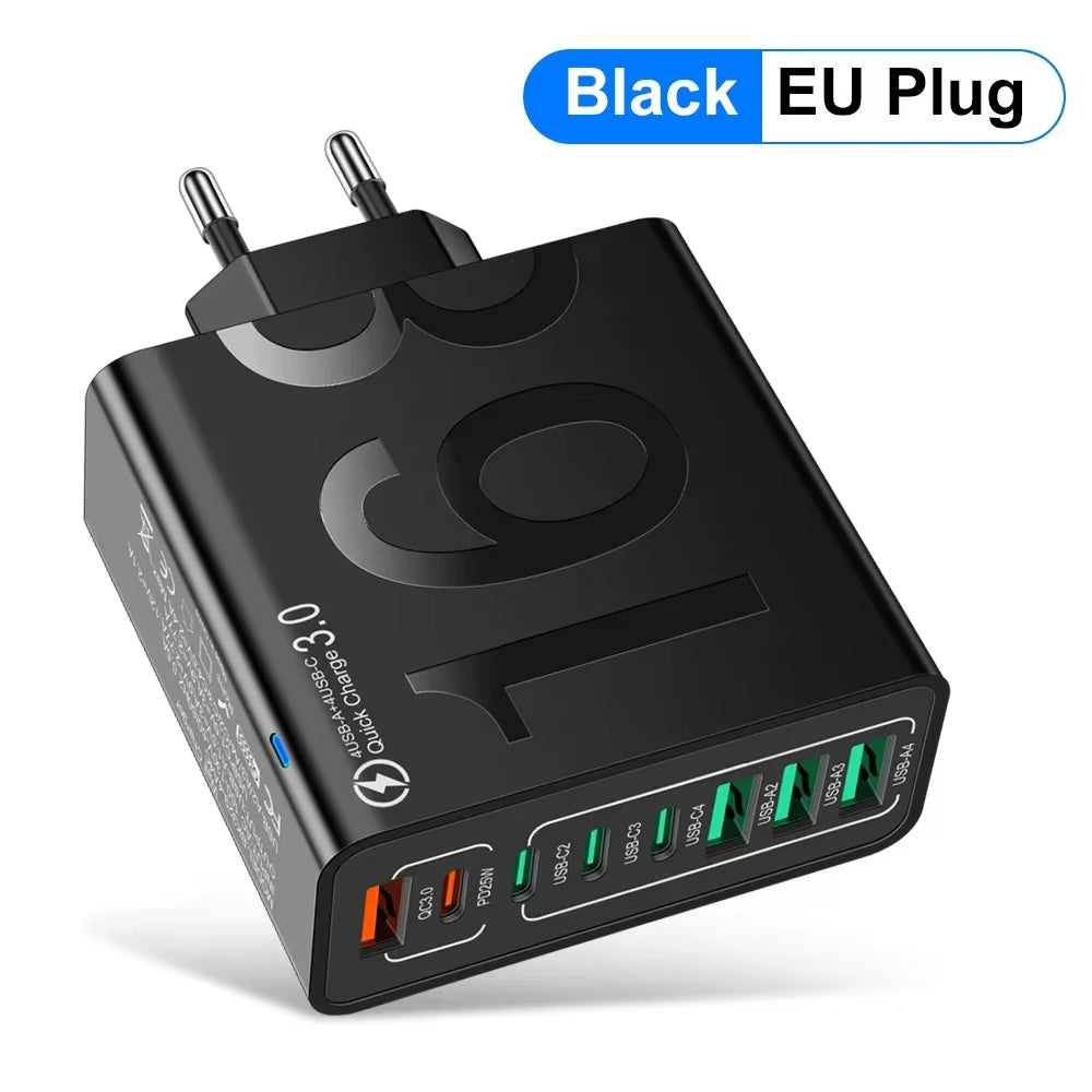 USB C Charger Multiple 8 Ports Type C High Speed Fast Quick Charging PD Mobile Phone Wall Adapter for Iphone 16 Xiaomi Huawei